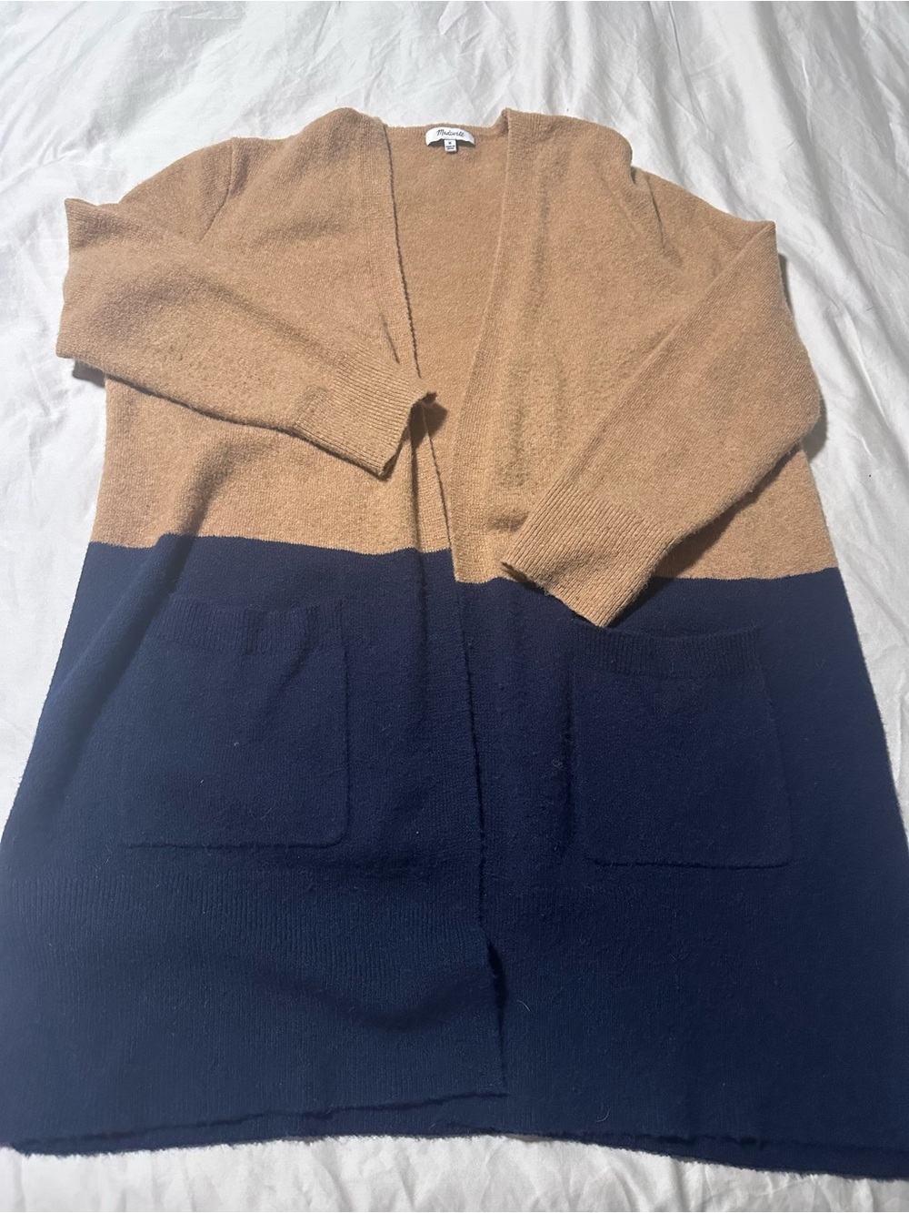 Madewell Two-Tone Open-Front Cardigan in Camel and Navy